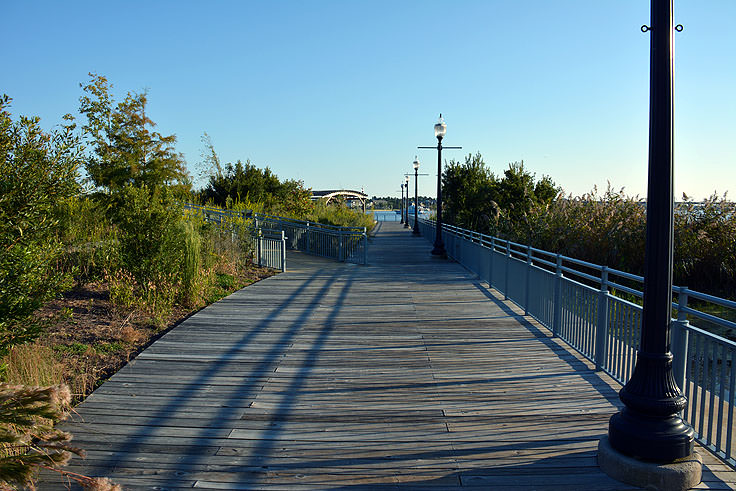 A wooden boardwalk at Union Point Park in New Bern, NC